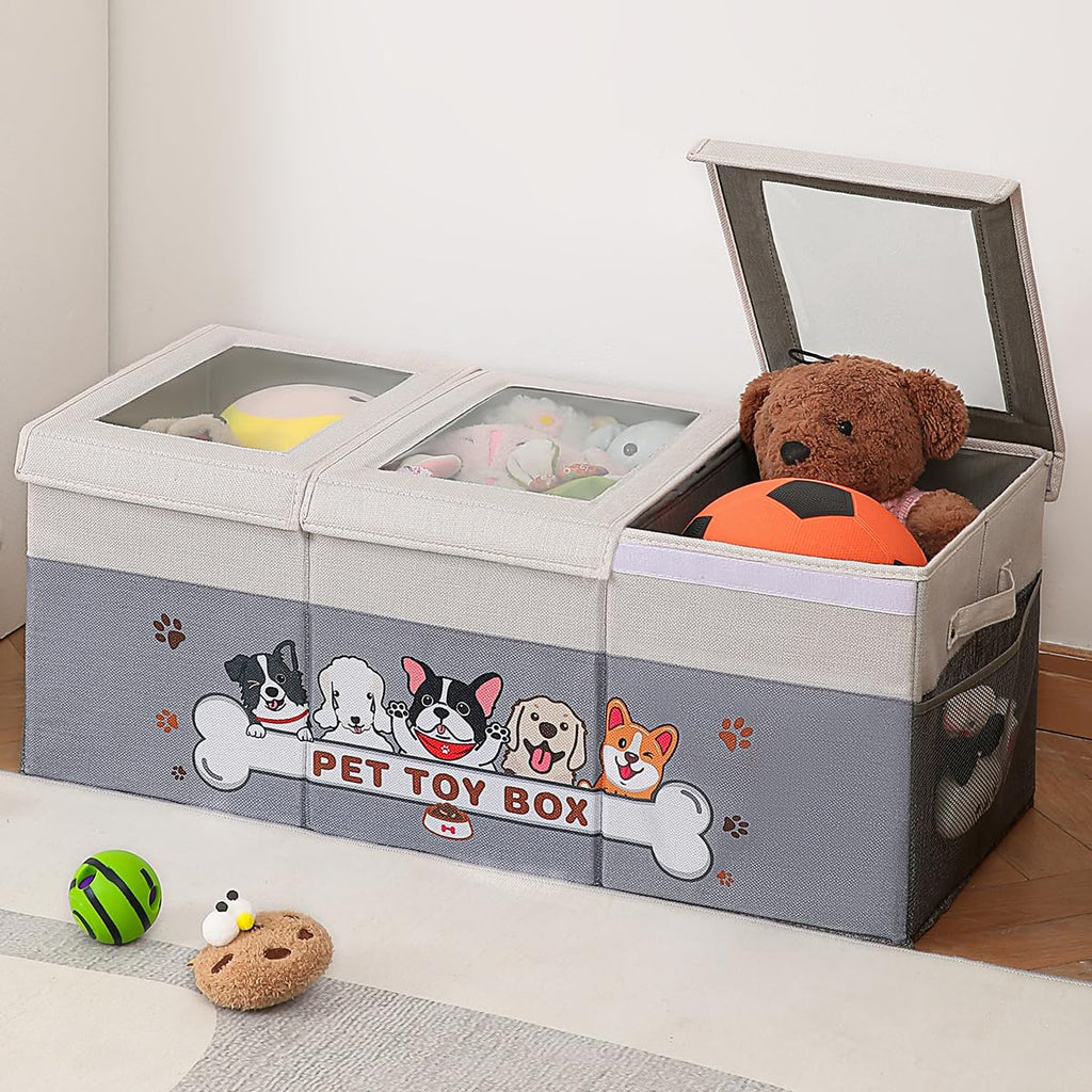 Foldable 3-Grid Dog Toy Storage Bin with Lids