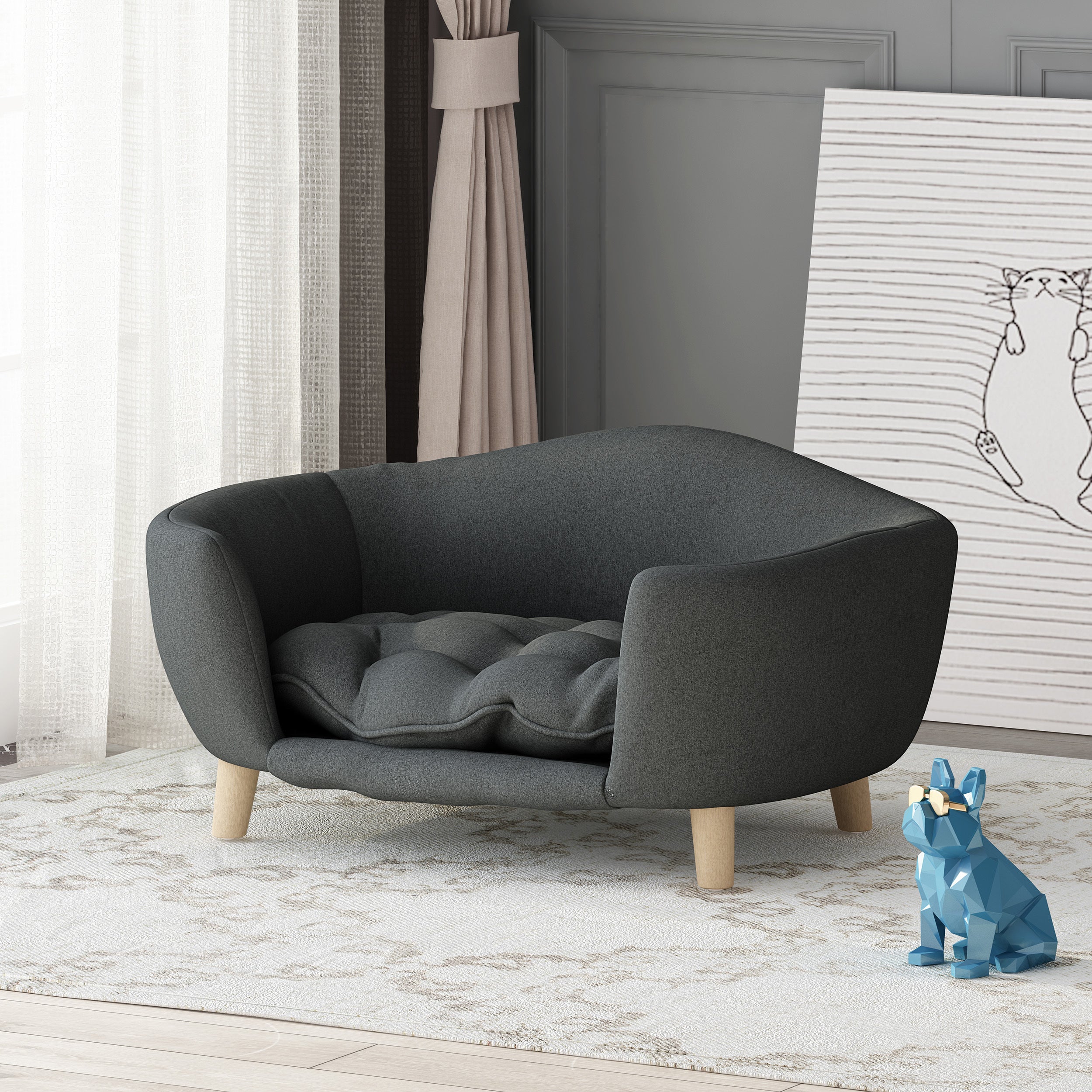 Mid-Century Style Dog Bed with Birch Wood Legs