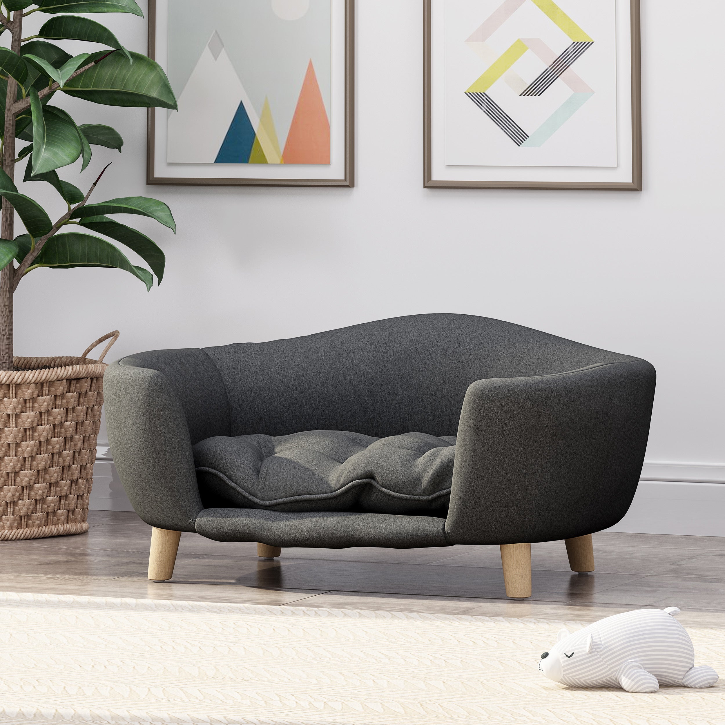 Mid-Century Style Dog Bed with Birch Wood Legs